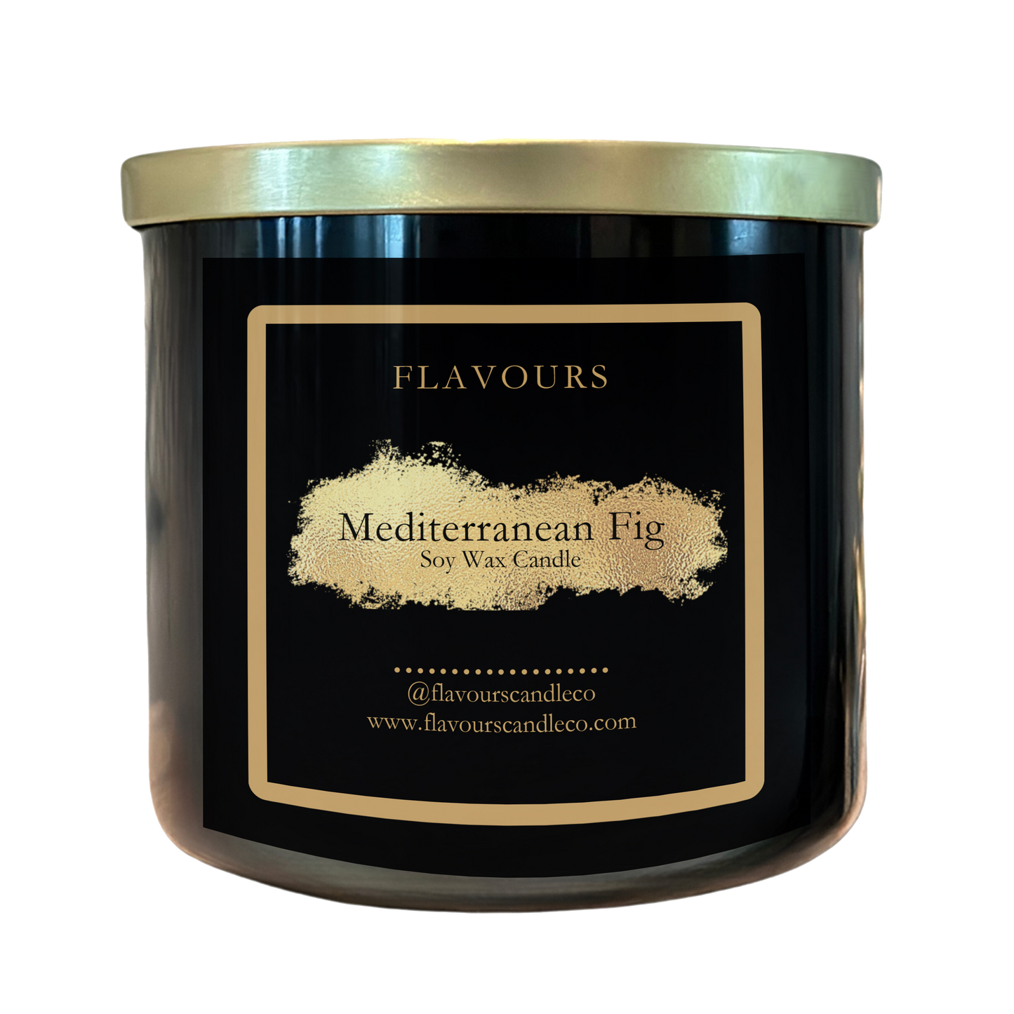Green Floral +Fig + Jasmine Soy Wax Candle in a black glass jar with gold lid
